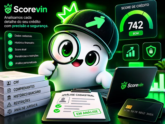 Análise de crédito Scorevin: o mascote Vin examina com uma lupa dados cadastrais, histórico financeiro, score atual e pendências.