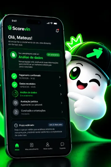 Tela de acompanhamento do atendimento no celular, com a etapa Análise de dados em andamento.