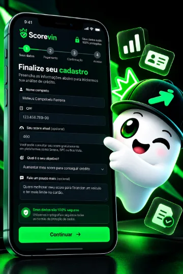 Tela de cadastro da Scorevin no celular, com o mascote Vin apontando para o formulário.